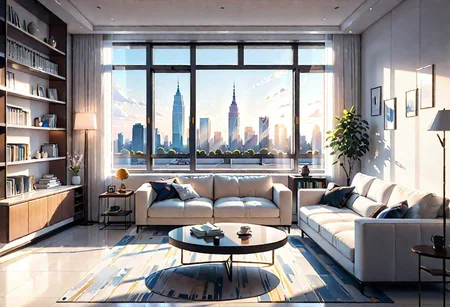 ((front view)), Shallow scene, ((animation style)), modern-style interior, with white walls, (large windows), a  study, Sofa, coffee table, bookcase, single wall, 
warm light morning sun, ((City high-rise building scenery)), (clear sky)