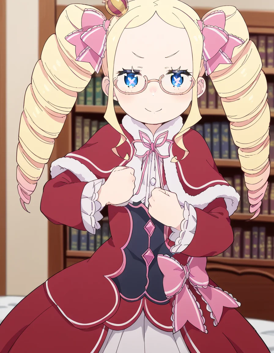 score_9, score_8_up, score_7_up, source_anime, <lora:rezero-beatrice-s3-p1-ponyxl-lora-nochekaiser:1>, beatrice, long hair, blue eyes, blonde hair, twintails, hair ribbon, sidelocks, symbol-shaped pupils, drill hair, twin drills,, dress, ribbon, fur trim, capelet, crown, mini crown, red capelet, frills, bowtie,, library, reading books, glasses, quiet, focused, shelves of books, smile, <lora:giorno-giovannas-pose-ponyxl-lora-nochekaiser:1>, giorno giovannas pose, giorno giovanna's pose (jojo), jojo pose, hand up, arm up, clenched hand, hand on waist, blush, shirt, smile, bed room, cowboy shot, looking at viewer, solo,, dutch angle, cowboy shot