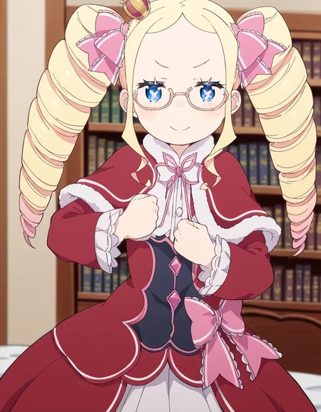 score_9, score_8_up, score_7_up, source_anime, <lora:rezero-beatrice-s3-p1-ponyxl-lora-nochekaiser:1>, beatrice, long hair, blue eyes, blonde hair, twintails, hair ribbon, sidelocks, symbol-shaped pupils, drill hair, twin drills,, dress, ribbon, fur trim, capelet, crown, mini crown, red capelet, frills, bowtie,, library, reading books, glasses, quiet, focused, shelves of books, smile, <lora:giorno-giovannas-pose-ponyxl-lora-nochekaiser:1>, giorno giovannas pose, giorno giovanna's pose (jojo), jojo pose, hand up, arm up, clenched hand, hand on waist, blush, shirt, smile, bed room, cowboy shot, looking at viewer, solo,, dutch angle, cowboy shot