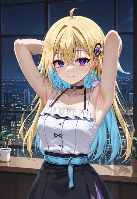 1girl, solo, solo focus, highres, absurdres, HasekuraMuumi, blonde hair, ahoge, long hair, blue hair, hair ornament, multicolored hair, hair between eyes, bangs, purple eyes, colored inner hair, 

collarbone, black choker, white shirt, black skirt, blue belt, sleeveless shirt, bare shoulders, bare arms,

looking at viewer, from side, smile, closed mouth, half-closed eyes, arms up, armpit,
 
cafe, window, cityscape, neon lights, shade, night, night sky, dark, backlighting,