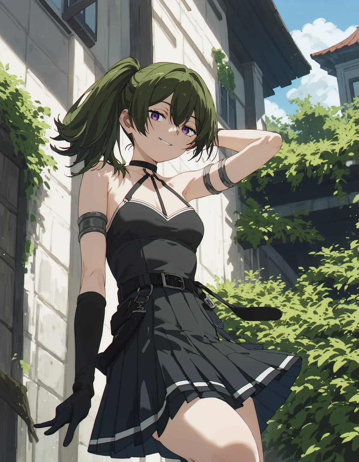 (score_9, score_8_up, score_7_up), source_anime
BREAK
ubel_olis, 1girl, solo, side ponytail, medium hair, green hair, purple eyes, o-ring choker, halterneck, black dress, small breasts, armlet, arm strap, single elbow glove, black belt, pleated skirt, suspenders hanging, looking at viewer, smile
<lora:Ubel_SousouNoFrieren_v1:1>