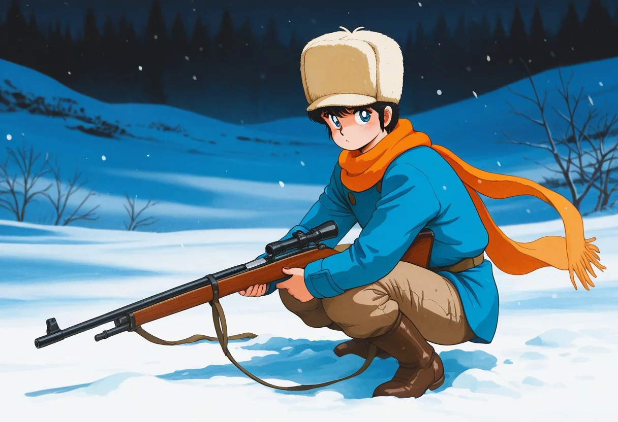 masterpiece, best quality, amazing quality, very aesthetic, absurdres, intricate details, vibrant colors, 1980s \(style\), svcc, traditional medium, male focus, Corio, 1boy, solo, short hair, fur hat, blue eyes, bangs, black hair, aged up, orange scarf, blue long sleeves, button, boots, brown long pants, a teen boy hunting in the snow, rifle, gun, hold, holding weapon, snow fall, stoic expression, scenery, innocence lost,