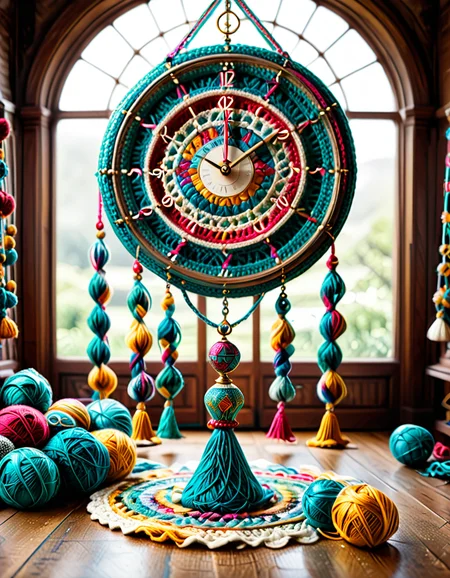 A massive crocheted clock suspended in an empty void, with unraveling hands shedding threads that pile on the floor; crocheted hourglasses releasing infinite cascading yarn; surreal, contemplative, melancholic atmosphere; soft textures contrasted with dynamic unraveling; intricate, symbolic, and visually poetic. <lora:SDXLFaeTastic2400:0.4> <lora:extremely_detailed:0.4> extremely detailed, <lora:cr0ch3t3d:1>,cr0ch3t3d, Masterpiece,best quality,hi res,8k,hi res,8k,award winning,(sharp focus, intricate, highly detailed),