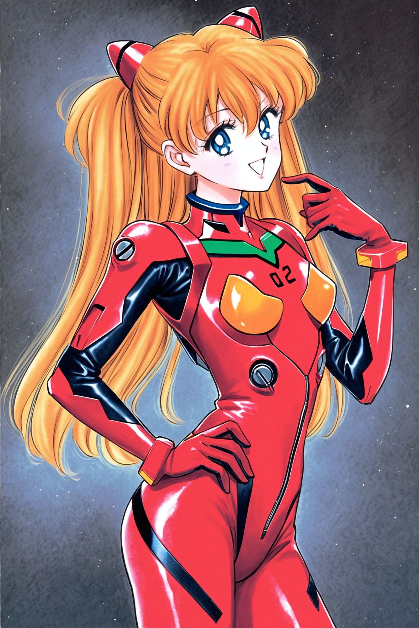1girl,long hair,plugsuit,bodysuit,souryuu asuka langley,pilot suit,bracer,blue eyes,smile,open mouth,breasts,bangs,turtleneck,solo,cowboy shot,:d,hair between eyes,gloves,red bodysuit,small breasts,looking at viewer,headgear,two side up,hand on hip,skinny,adjusting hair,narrow waist,standing,orange hair,science fiction,hand up,shiny clothes,hair ornament,happy,from side,shiny,skin tight,traditional media,
<lora:Takeuchi Naoko_XL:0.8>,