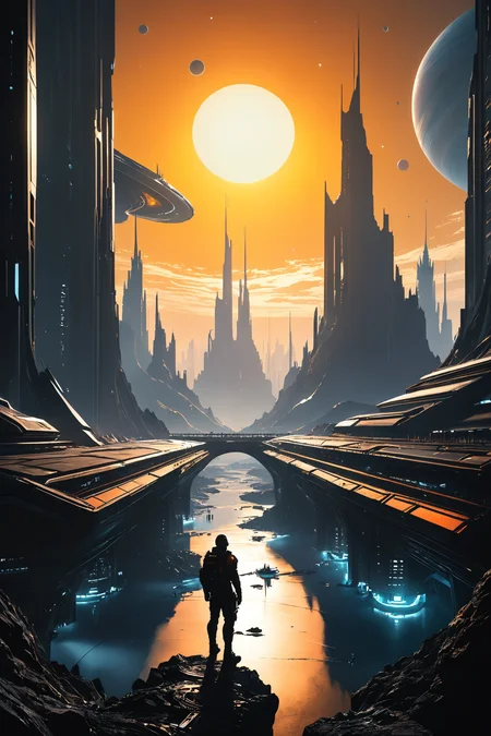 An epic sci-fi scene of an alien city beneath a Vantablack sun, inspired by the styles of Quentin Mabille, James Jean, Takeshi Oga, Dan Mumford, Eve Ventrue, and Ayami Kojima. The scene should be featured on ArtStation. The city should be surrounded by an ineffable mood, with mysterious and eerie elements. The Vantablack sun looms overhead, casting deep shadows and creating negative space in the sky. The overall mood should be mysterious and otherworldly. The scene should be very detailed, depicting the massive scale of the alien city and its surroundings. The composition should be centered and anamorphic, drawing the viewer's attention to the vastness of the scene. Render the artwork in 4K resolution to capture every detail. The overall composition should be visually captivating and transport viewers to a mesmerizing interplanetary spacecore.
(Dramatic Lighting, Photography, 3D Illustration, Vibrant Colors, Exquisite Detail, Award Winning, Stunning) <lora:MJ52:0.5> epiCPhoto