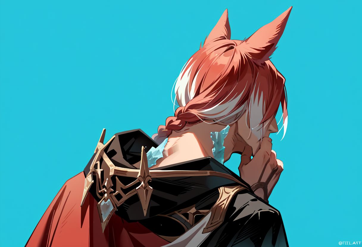 crystalexarchdskffxiv, 1boy, male focus, animal ears, solo, miqo'te, red hair, cat ears, multicolored hair, hood down, short hair, hood, upper body, hooded robe, crystal, from behind, black robe, braid,  white hair, two-tone hair, hand up, blue background, robe, single braid, from side, short ponytail, braided ponytail, , realistic, PonyXLV6_Scores zPDXL