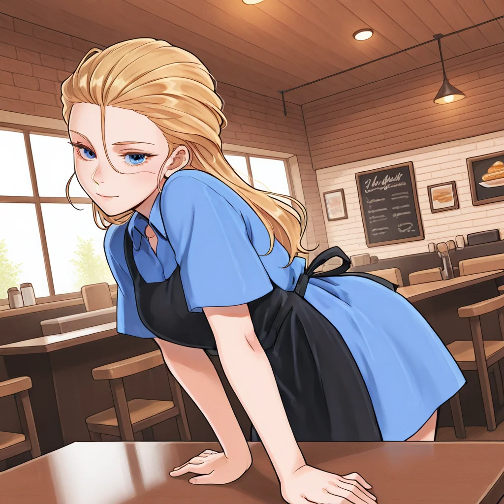 best quality, colorful, masterpiece, detailed_background, <lora:Wendy_-_Waffle_House-000008:1> wh-waitress, 1girl, blonde hair, blue eyes, restaurant, black apron, light_blue shirt, arm support,
