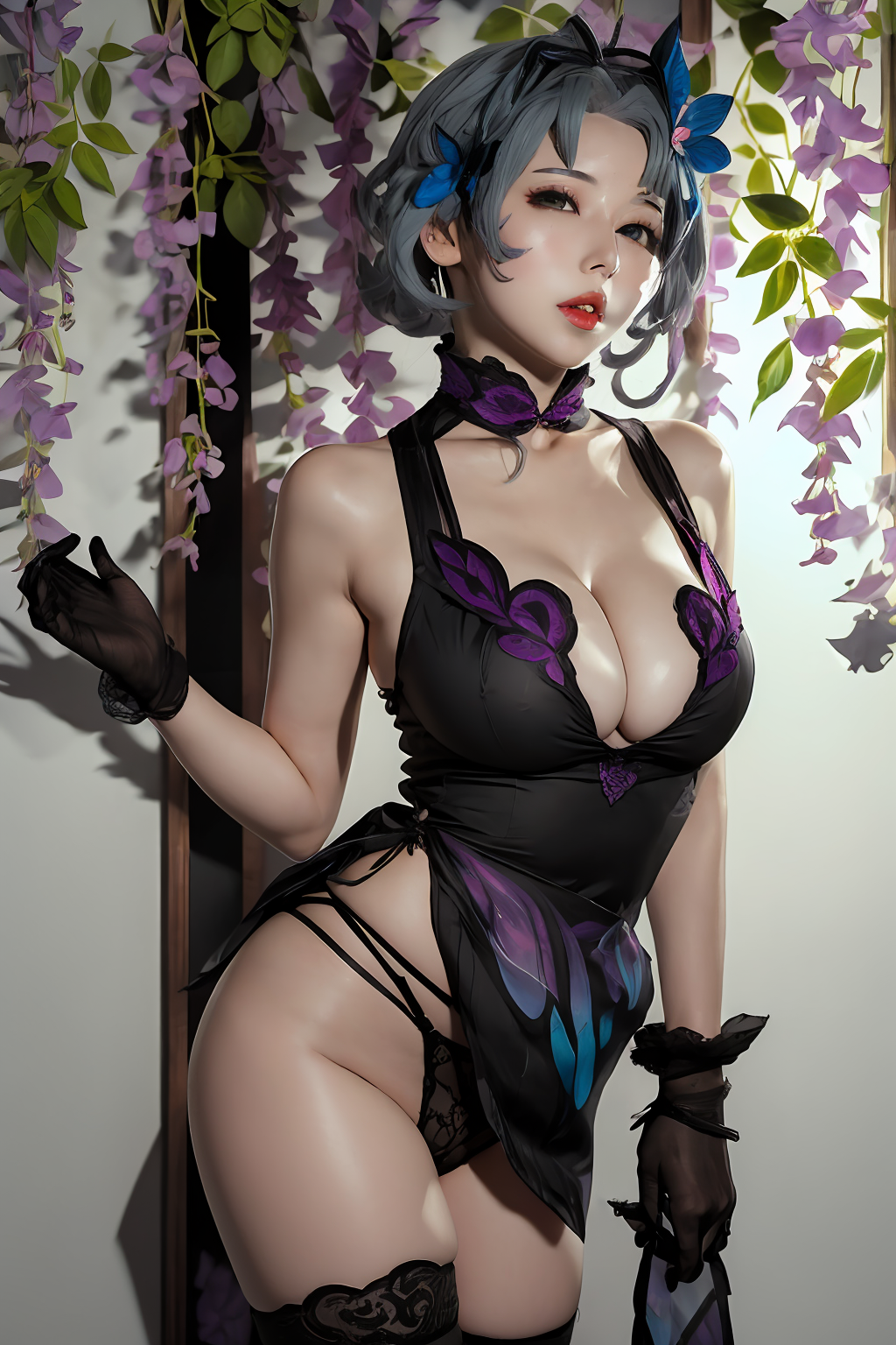 ((Masterpiece)),((Best Quality)),1girl,solo,on side,breasts,looking at viewer,grey hair,hair ornament,cleavage,medium breasts,parted lips,black gloves,black thighhighs,black panties,flower,<lora:lbc_hudie:0.7>,