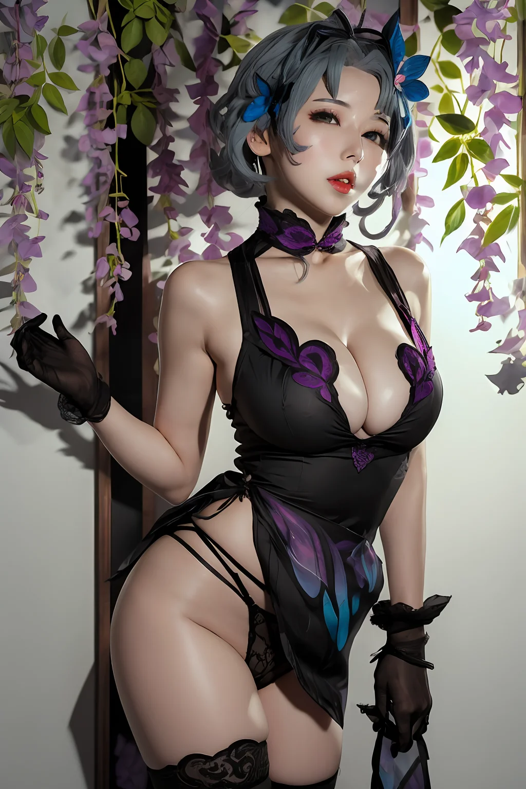 ((Masterpiece)),((Best Quality)),1girl,solo,on side,breasts,looking at viewer,grey hair,hair ornament,cleavage,medium breasts,parted lips,black gloves,black thighhighs,black panties,flower,<lora:lbc_hudie:0.7>,