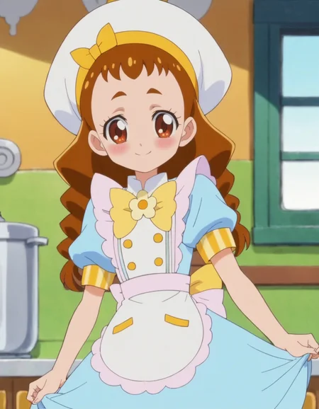score_9, score_8_up, score_7_up, anime screencap, solo,1girl,arisugawahimari, hat,smile,white apron, white headwear, skirt, bow,blue dress, puffy short sleeves,looking at viewer, cowboy shot,small breasts, blush,<lora:arisugawahimari:0.8>