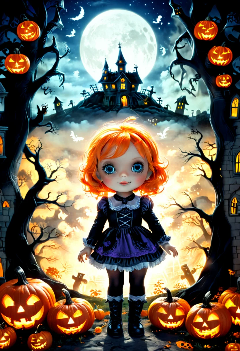 Halloween, moonlit night, supernatural, jack-o'-lanterns, trick-or-treating, eerie ambiance, playful mischief, mysterious shadows, delightful spookiness.,cute helloween doll       ,haunted graveyard in the background, with its windows glowing with an unnatural, ghostly radiance. It beckons the curious and the brave to explore its mysteries.cute helloween doll, Halloween Night,street art, vibrant, urban, detailed, tag, mural in Mass production aesthetic, pop culture silkscreens, consumerist commentary, obsession with celebrity . graffiti style ,