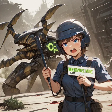 score_7_up, score_8_up, score_9, studio lighting, 1girl, wearing a blue uniform with helmet, c on uniform, (Holding_Sign with "maintenance mode":2), turning head, looking at viewer, open mouth, shouting, outdoors, battle, Starshiptrooper1024, a giant bug, features intricate detail, blood, green blood, dramatic lighting, action, science fiction, cinematic, filmic, cinemascope, high budget, depth of field, (masterpiece), (best quality), (ultra-detailed), very aesthetic, illustration, perfect composition, intricate details,