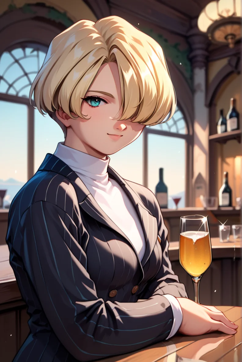 score_9, score_8_up, score_7_up, very aesthetic, source_anime, detailed, high quality, beautiful, masterpiece, detailed eyes,
bar, indoor, blurry background,
<lora:lightXL:0.8>
cowboy shot, upper body, from side,
sitting, table,
holding glass, alcohol, looking at viewer
<lora:Sakura Wars_XL_PONY_V2.1:0.8>
<lora:maria_autismConfetti_v02:0.9>mariabase, blonde hair, hair over eye, short hair, white turtle neck, black pinstripe suit, black button,
footwear,, zPDXL