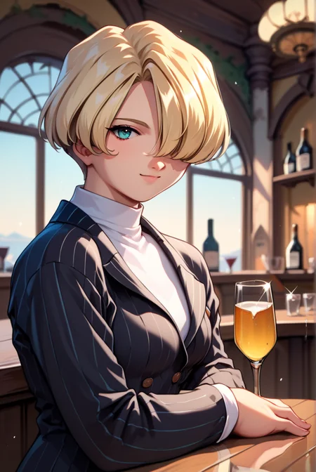score_9, score_8_up, score_7_up, very aesthetic, source_anime, detailed, high quality, beautiful, masterpiece, detailed eyes,
bar, indoor, blurry background,
<lora:lightXL:0.8>
cowboy shot, upper body, from side,
sitting, table,
holding glass, alcohol, looking at viewer
<lora:Sakura Wars_XL_PONY_V2.1:0.8>
<lora:maria_autismConfetti_v02:0.9>mariabase, blonde hair, hair over eye, short hair, white turtle neck, black pinstripe suit, black button,
footwear,, zPDXL