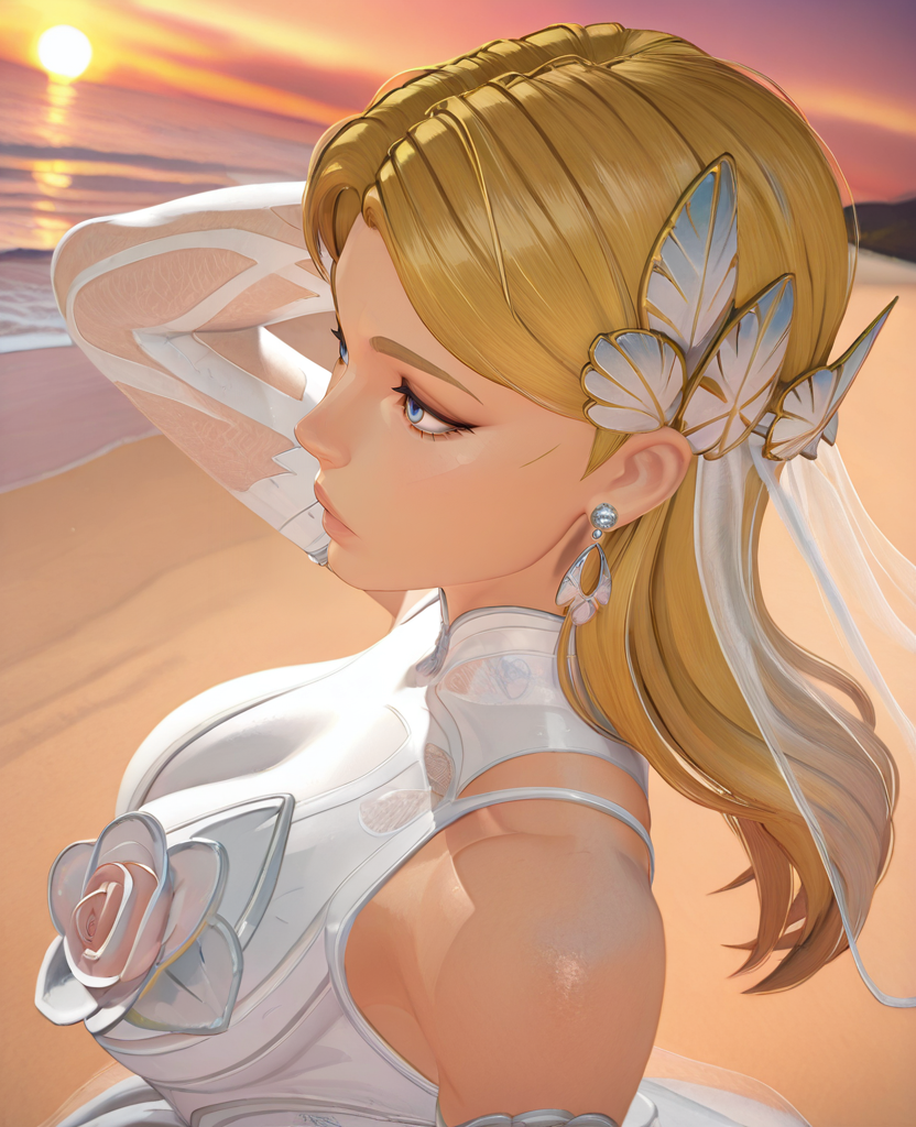 highres, absurdres, 3d, scenery, beach, sand, sunset, <lora:Bride_invisible_woman_ILLUS_2-000008:0.8> , iv1, 1girl, blonde hair, blue eyes, long hair, bridal veil, hair ornament, elbow gloves, dress, earrings, hair toss, from above, portrait, dynamic angle, looking afar, from side, arm behind head