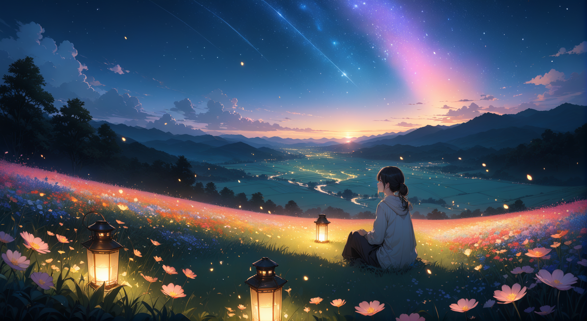 (masterpiece, top quality, best quality, official art, beautiful and aesthetic:1.2)
1girl, sitting on grass, looking at the sky in the distance, night, nighttime sky, lantern lighting up immediate area, stars, end of sunset, colorful sky, peaceful, flower field , fireflies, highly detailed, detailed background, wide shot,   
highres, ultra high res, 4k, 8k, intricate detail, cinematic lighting, amazing quality, wallpaper <lora:aesthetic_anime_v1s:1.2>  <lora:fiasco_A1:1> <lora:add_details_xl:1.2>