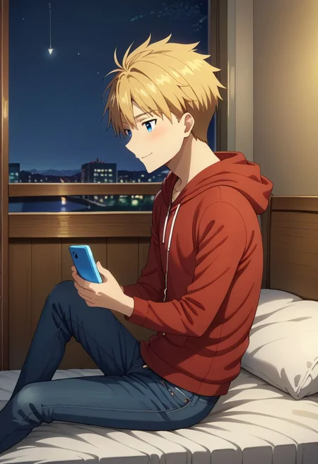 1boy, solo, anime, male focus, Yamato Ishida, blonde hair, blue eyes, red hoodie, jeans, socks, holding smartphone, sit, looking down, gente smile, blush, open eyes, side view,
indoor, bed, night,