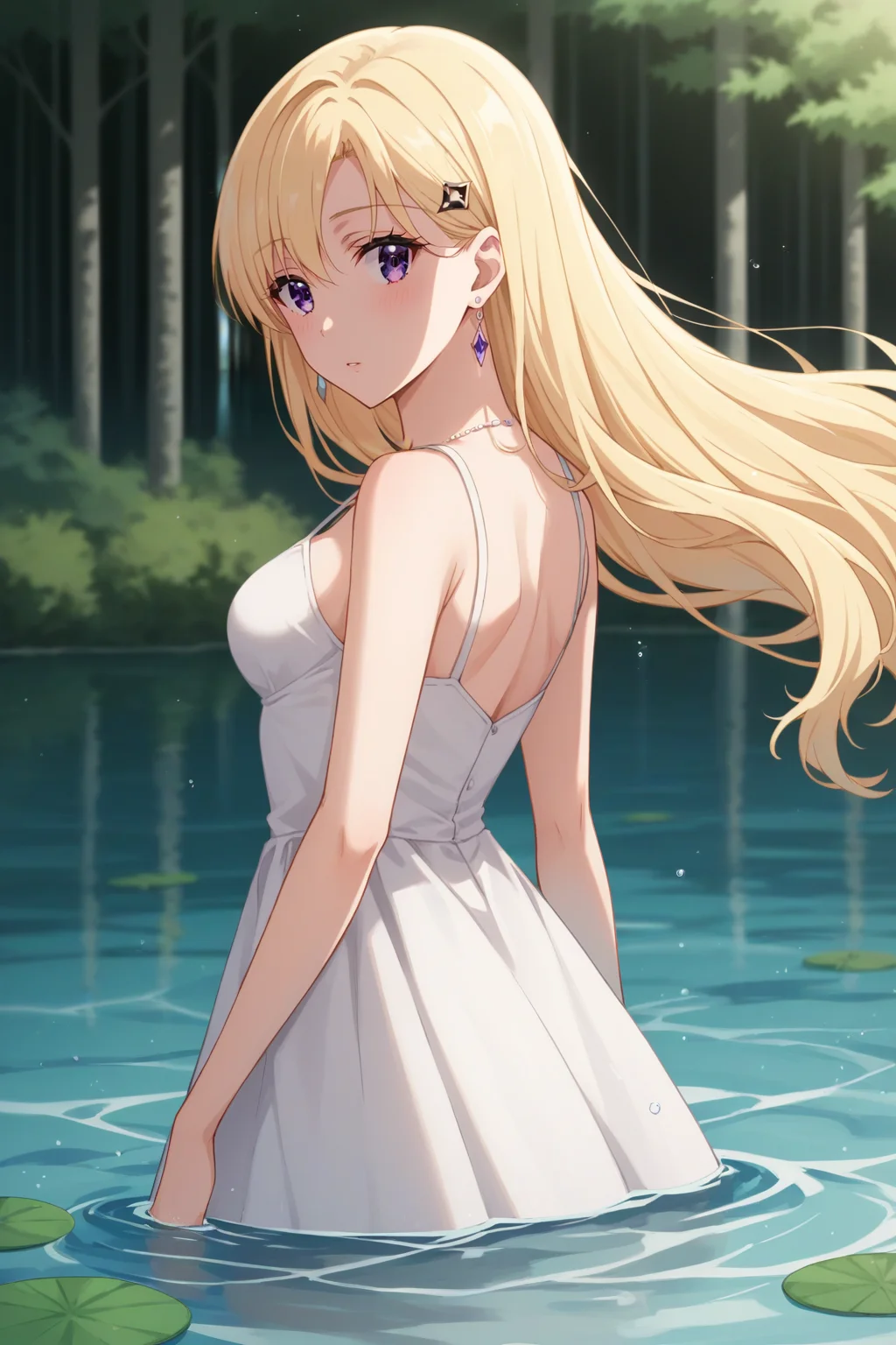 score_9, score_8_up, score_7_up, source_anime, 1girl, prefect lighting, very aesthetic, intricate details, highly detailed background, masterpiece, high quality, prefect hands, best quality, solo,
<lora:Saki_Ayase_Days_with_My_Stepsister_V1:.85>, KJOsaki, blonde hair, purple eyes, long hair, hair ornament, earrings, sidelocks,
white sundress,
partially submersed, standing in water, from behind, looking back, expressionless, head tilt, blush, parted lips,
pond, forest, day, sunny, clouds,
(Beautiful, medium Breasts:1.2), natural breasts,