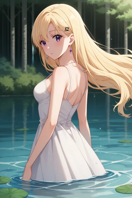 score_9, score_8_up, score_7_up, source_anime, 1girl, prefect lighting, very aesthetic, intricate details, highly detailed background, masterpiece, high quality, prefect hands, best quality, solo,
<lora:Saki_Ayase_Days_with_My_Stepsister_V1:.85>, KJOsaki, blonde hair, purple eyes, long hair, hair ornament, earrings, sidelocks,
white sundress,
partially submersed, standing in water, from behind, looking back, expressionless, head tilt, blush, parted lips,
pond, forest, day, sunny, clouds,
(Beautiful, medium Breasts:1.2), natural breasts,