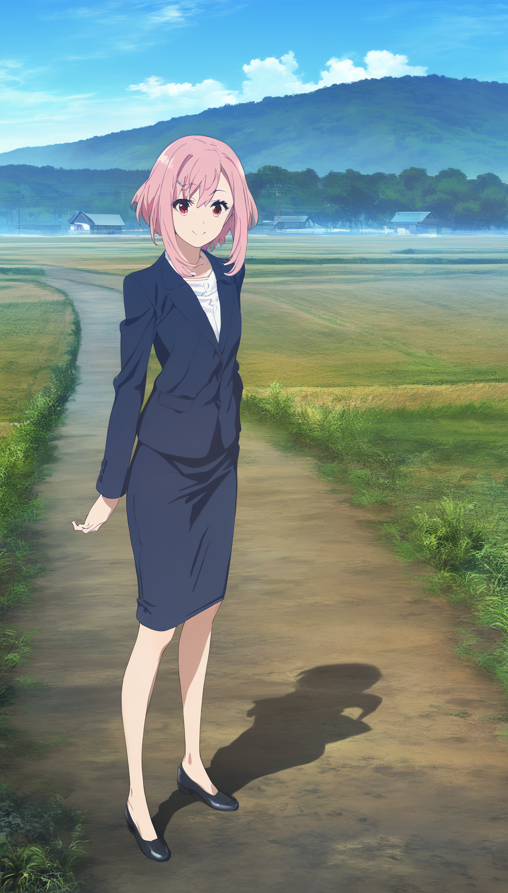score_9,score_8_up,score_7_up,
<lora:yoshinokoharu:0.9>,
yoshinokoharu,animated,
1girl,solo,
pink hair,short hair,bangs,
red eyes,looking at viewer,smile,
blue blazer,white shirt,blue pencil skirt,
black shoes,
standing,full body,
outdoors,morning,summer,countryside,village in background,rolling hills,road,fields,blue sky,cloud,bloom,