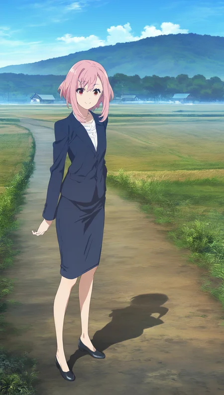 score_9,score_8_up,score_7_up,
<lora:yoshinokoharu:0.9>,
yoshinokoharu,animated,
1girl,solo,
pink hair,short hair,bangs,
red eyes,looking at viewer,smile,
blue blazer,white shirt,blue pencil skirt,
black shoes,
standing,full body,
outdoors,morning,summer,countryside,village in background,rolling hills,road,fields,blue sky,cloud,bloom,
