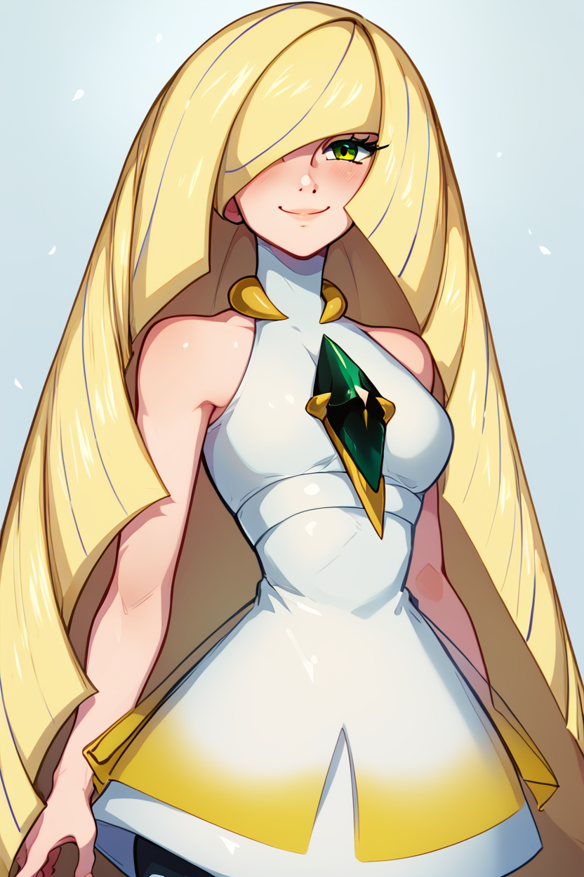 score_9, score_8_up, score_8, medium breasts, (curvy), cute, eyelashes,       ,,, , ,,, zzLusamine, green eyes, hair over one eye, blonde hair, long hair, very long hair, white dress, sleeveless dress, bare arms, bare shoulders, diamond (shape), green gemstone,  <lora:Lusamine_Pokemon_PDXL:1.0>,  ,,,, BREAK, <lora:Afrobull_PDXL_v5:0.8>,  ,,, BREAK, smile, looking at viewer, closed mouth, cowboy shot,  ,,, embedding:zPDXL, Expressiveh, ,,, <lora:SDXLFaeTastic2400:0.5>, <lora:Expressive_H-000001:0.4>,