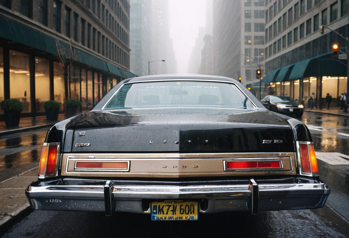 ClassicMuscleCar, gleaming black Ford LTD, rear view, wet Manhattan avenue, skyscrapers, foggy raining late afternoon, reflections, 4K, highly detailed, (stylish grainy analog 35mm film photo)