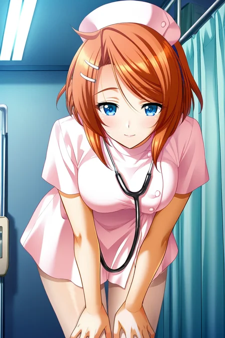 (masterpiece, best quality, game cg,highly_detailed,extremely_detailed_CG_unity_8k_wallpaper,illustration,highres,absurdres:1.2), <lora:Asahi_Nishizaki-IL:1>Asahi,orange hair,side bangs,short hair,teal eyes,headband,hair ornament,nurse,nurse cap,stethoscope,nurse dress,short sleeves,tights,form below,looking at viewer,leaning forward,hands on her own legs,cold expression,slight smile,hospital room,ceiling,white lights