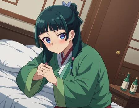 score_9, score_8_up, score_7_up, source_anime,
maomao, <lora:kusuriya-maomao-s1-ponyxl-lora-nochekaiser:1>,
maomao, long hair, bangs, blue eyes, hair ornament, green hair, blunt bangs, freckles, hair bun, single hair bun,
japanese clothes, robe, green robe, long sleeves, wide sleeves, skirt, red skirt,
indoors, bed, bed room, on side, blush, drunk,
looking at viewer, cowboy shot, dutch angle,