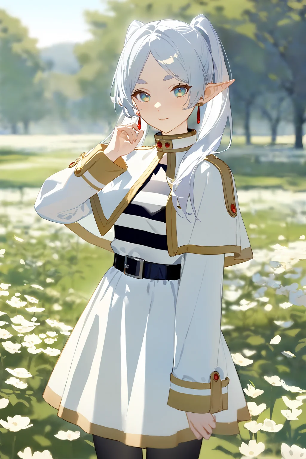 masterpiece, best quality, very aesthetic, ray tracing, newest, (hitenkei, askzy:0.4),1girl, frieren, solo, twintails, earrings, black pantyhose, black belt, capelet, white skirt set, striped shirt, white jacket, cowboy shot, standing, looking at viewer, light smile, flower field, scenery, outdoors, depth of field <lora:quality1:0:hr=2>, <lora:Char-Frieren-XL-V1:0.9>