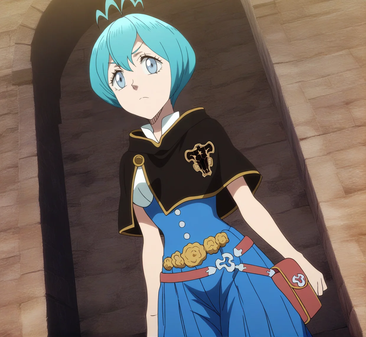 sharp focus, pixiv masterpiece, source_anime, score_9, absurd res, high res,
<lora:Grey_blackclover_IL_v36-000015:1>, anime_screencap, grey_bc, 1girl, solo, grey-blue_eyes, cyan_hair, short_hair, antenna_hair, black_capelet, sleeveless_shirt, high-waisted_pants, waist_flowers, metal_belt, small pouch, cowboy shot, standing, arms_at_sides,