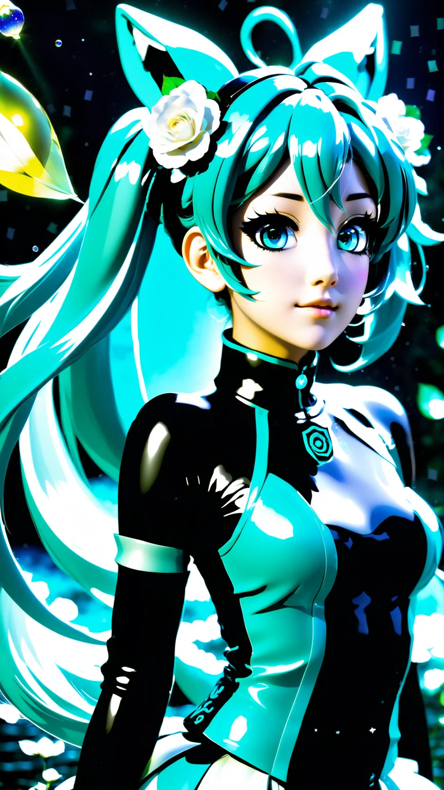 <lora:xl_yamer_style-2.0:1>, face focus, masterpiece, best quality, 1girl, hatsune miku, goth hatsune miku, latex clothing, suggestive face, hentai face, white roses, petals, night background, fireflies, light particle, solo, aqua hair with twin tails, aqua eyes, standing, pixiv, depth of field, cinematic composition, best lighting, looking up