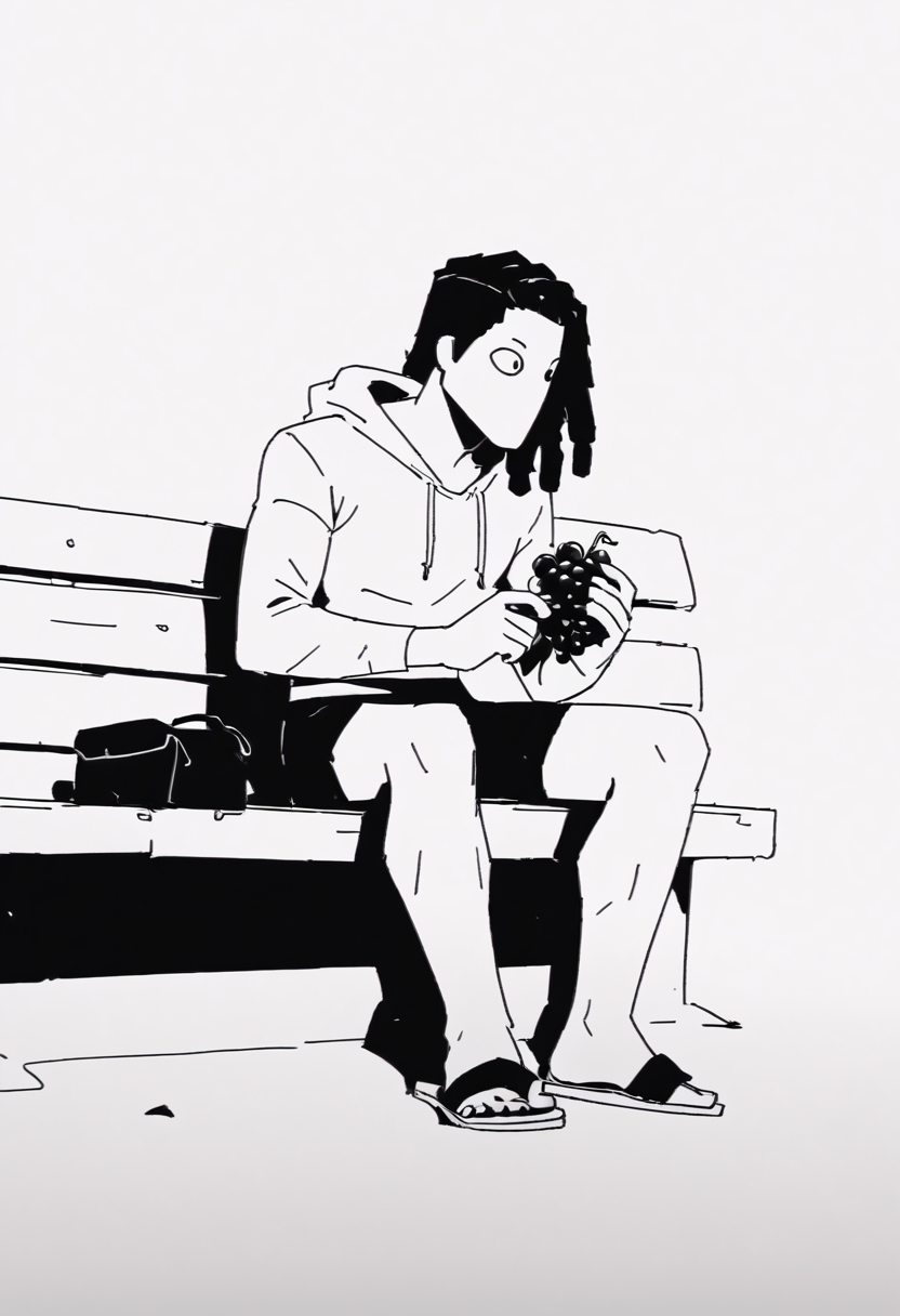 score_9, score_8_up, score_8,    <lora:Request_The_Wolf_Style_SIAMÉS_for_PonyXL:0.8> w0lfstyl3, monochrome, greyscale, 1boy, sitting on bench, hoodie,  holding grapes, dreadlocks, shorts, sandals,