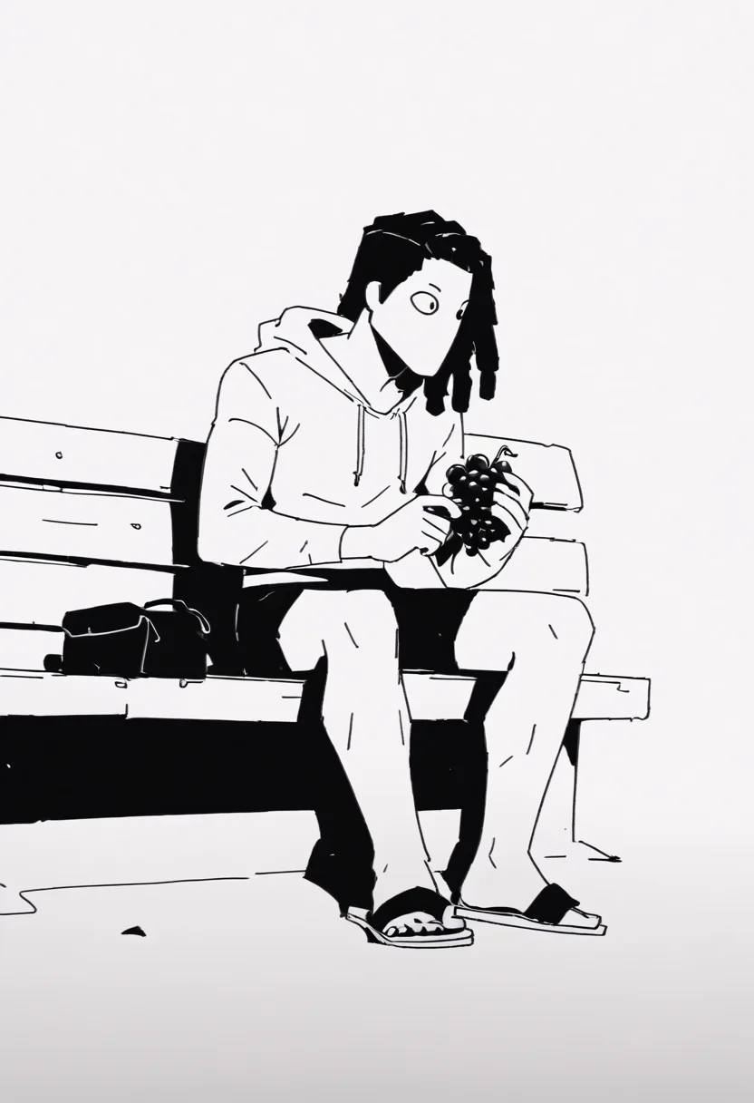 score_9, score_8_up, score_8,    <lora:Request_The_Wolf_Style_SIAMÉS_for_PonyXL:0.8> w0lfstyl3, monochrome, greyscale, 1boy, sitting on bench, hoodie,  holding grapes, dreadlocks, shorts, sandals,