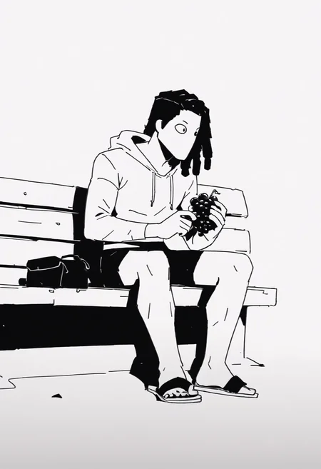 score_9, score_8_up, score_8, <lora:Request_The_Wolf_Style_SIAMÉS_for_PonyXL:0.8> w0lfstyl3, monochrome, greyscale, 1boy, sitting on bench, hoodie, holding grapes, dreadlocks, shorts, sandals,