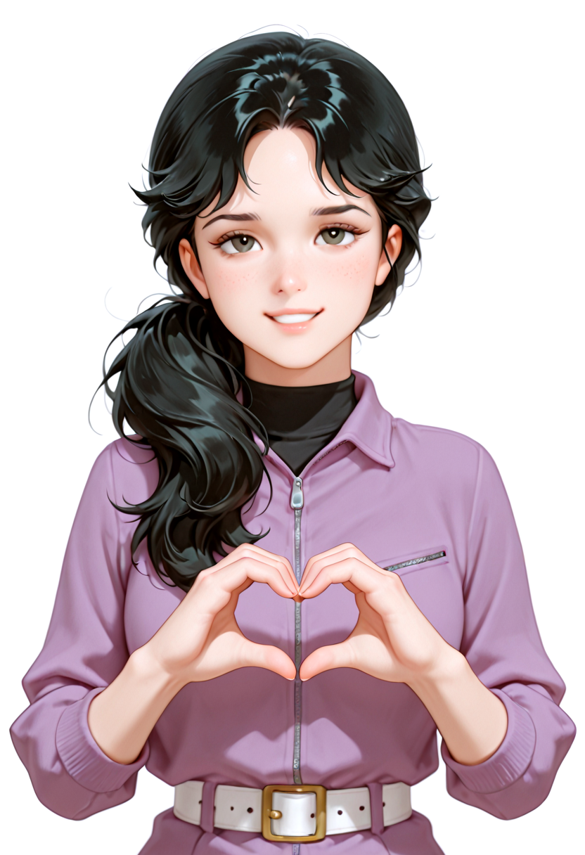 IllusP0s, masterpiece, best quality, amazing quality, very aesthetic, absurdres, newest, ((ultra detailed eyes:1.4)),((ultra detailed hair:1.4)),((ultra detailed face:1.4))
BREAK
1girl, ((solo)),c0_F4ng_yuuk1, F4ng_L1,  black hair,(dark brown eyes), Pony Till,
Purple Jacket, white belt, gray slacks,
BREAK
blank background, white background, sitting, neutral black expression, upper body
<lora:Fang Li - GUNDAM THE ORIGIN - 100percent - Manga_epoch_4:0.8>
looking at viewer, parted lips
heart hands
kind smile