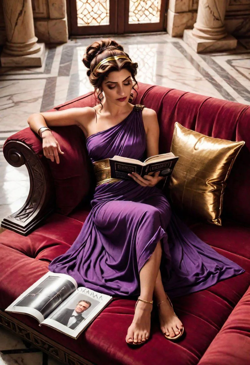 Ultra Realistic, cinematic, high angle, chill, (Megara:1.2), classy toga, slumped on a ancient Greek sofa, glam, reading magazine "Athena"