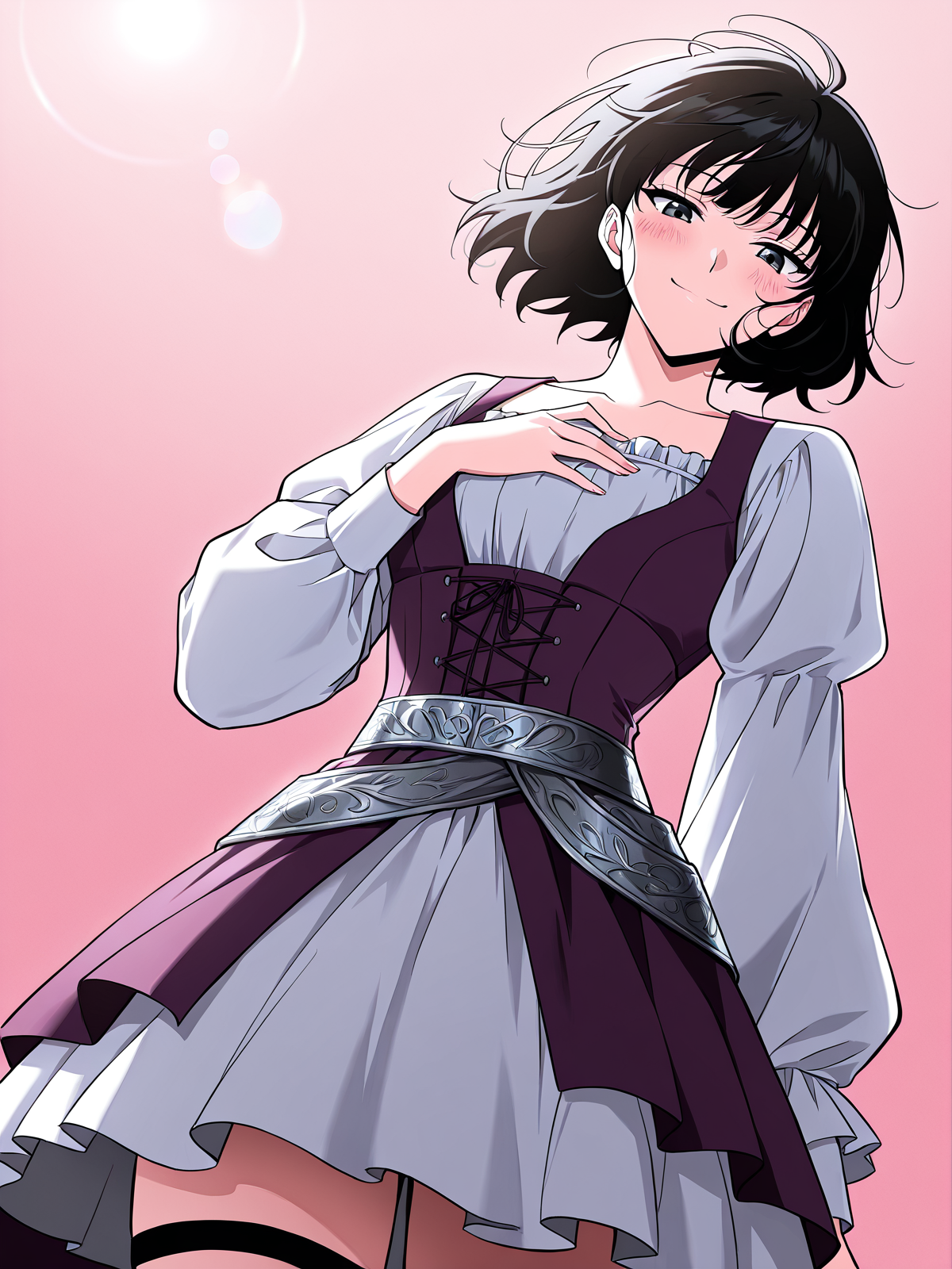 <lora:Omniscient Reader's Viewpoint _ Han Sooyoung_epoch_7:1>
1 girl, solo, short hair, messy hair, black hair, black eyes, 
purple corset dress, white puff sleeve blouse, decorative silver waist sash, layered skirt, sleeveless overdress, long sleeve underblouse, black thigh strap, medieval style outfit,
score_9, score_8_up, score_7_up, very aesthetic, source_anime, detailed, high quality, beautiful, detailed eyes, masterpiece, best quality, absurdres, perfect anatomy, dynamic low-angle shot, looking down while smiling brightly, wind blowing through hair, one hand near chest, flushed cheeks, dramatic lighting from behind, glowing rimlight, cinematic lens flare, soft pinkish background, ethereal atmosphere, anime style