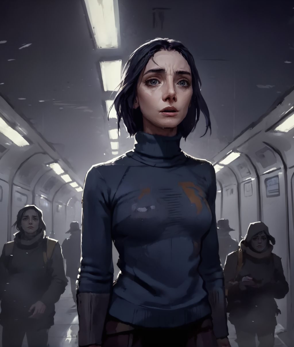 cinematic shot of a sad depressed woman standing in the metro, turtleneck sweater,  harbingers style <lora:Harbingers Style v1.1 SDXL :1>