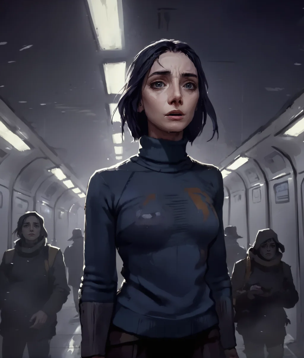cinematic shot of a sad depressed woman standing in the metro, turtleneck sweater, harbingers style <lora:Harbingers Style v1.1 SDXL :1>