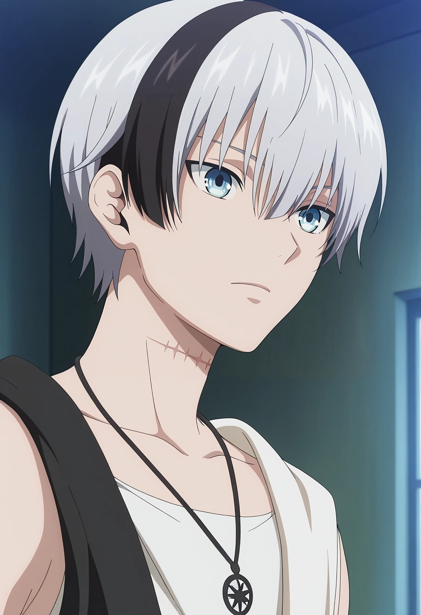 masterpiece, best quality, , anime screencap, , ,, 1boy, solo, male focus, <lora:polka_shinoyama_ilxl:1>, polka_shinoyama, grey hair, blue eyes, two-tone hair, multicolored hair, black hair, short hair, hair between eyes, streaked hair, bangs, scar, ,
