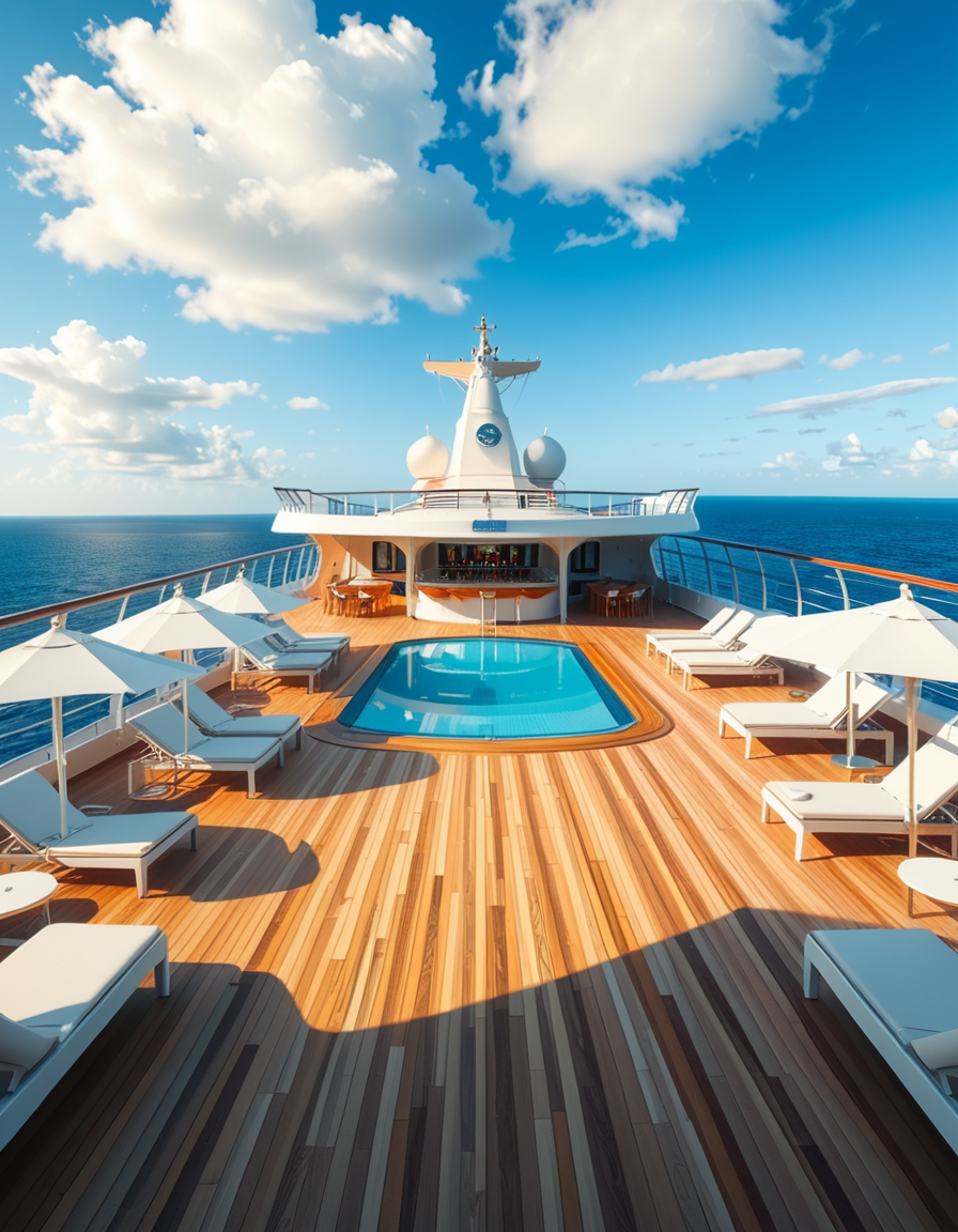 A wide, high-resolution view of the upper deck of a modern luxury cruise ship, completely empty of people. The deck features a clean, polished teak wood floor and sleek white railings along the edges. Several neatly arranged lounge chairs line both sides, with large white parasols providing shade. In the center of the deck, a crystal-clear swimming pool reflects the blue sky, with no one in or around it. To one side, a stylish bar area with a curved canopy stands closed, with colorful bottles and barstools neatly arranged. The background reveals the endless ocean meeting the horizon, under a bright, cloud-speckled blue sky. The lighting is natural daylight, casting soft shadows and highlighting the modern, serene, and luxurious ambiance of the cruise ship deck. No signs of human presence â everything is pristine, calm, and ready for guests.
<lora:SDXLFaeTastic2400:0.4> <lora:extremely_detailed:0.4> extremely detailed,<lora:luxury_cru1s3_sh1p:1>,luxury cru1s3 sh1p, Masterpiece,best quality,hi res,8k,hi res,8k,award winning,(sharp focus, intricate, highly detailed),