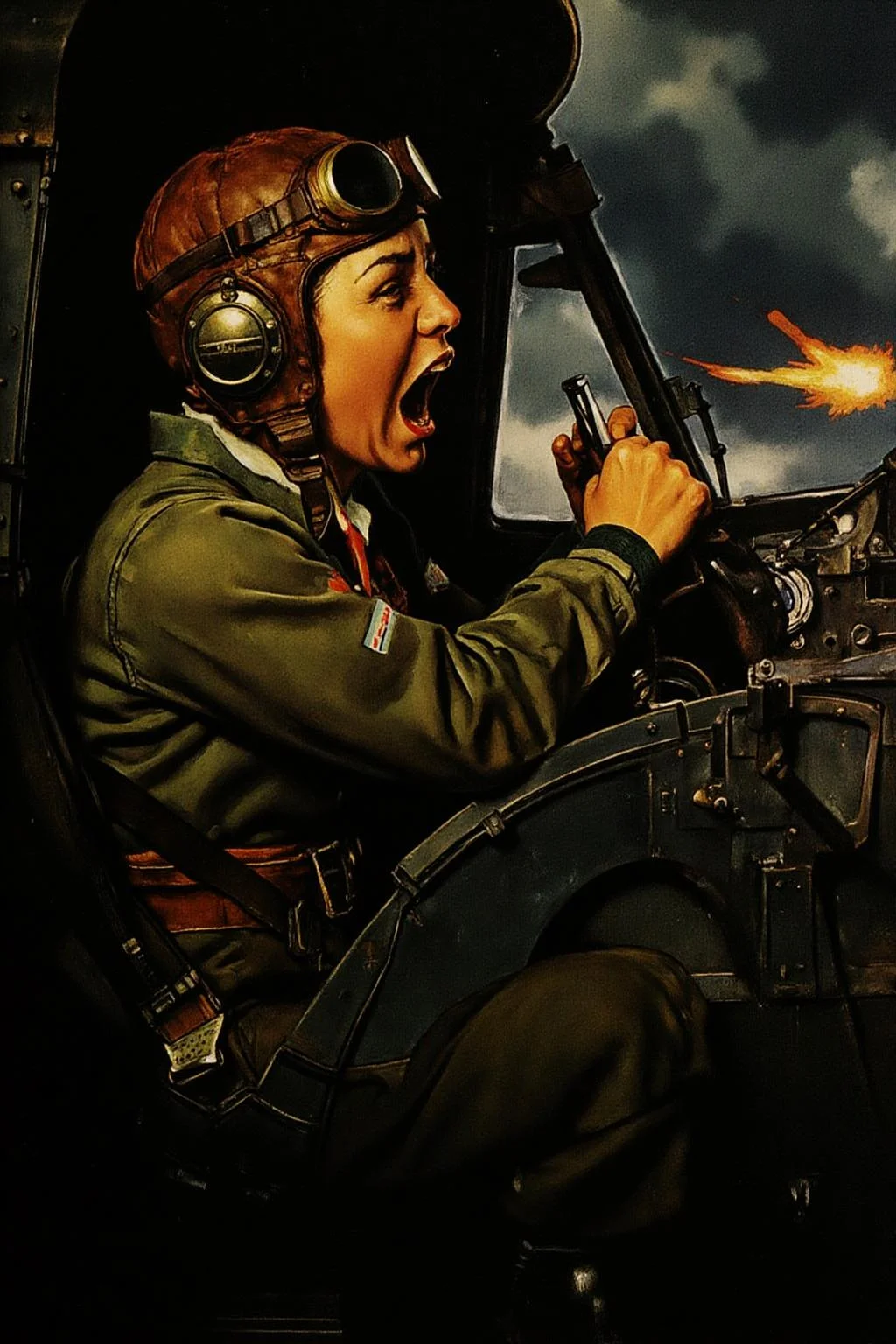 normanrockwell1 painting. 
A female pilot screaming inside the cockpit of a World War II bomber. The pilot, wearing a vintage leather flight helmet with goggles and a bomber jacket, grips the controls with white-knuckled hands. Her face is contorted in a mix of fear and determination as she yells, her eyes wide with adrenaline. The cockpit is cramped and filled with old-fashioned dials and gauges, with the outside view showing dark stormy clouds and distant anti-aircraft fire
 <lora:normanrockwell1_cap_d6a3e12:1.0><lora:841464534012073214:0>