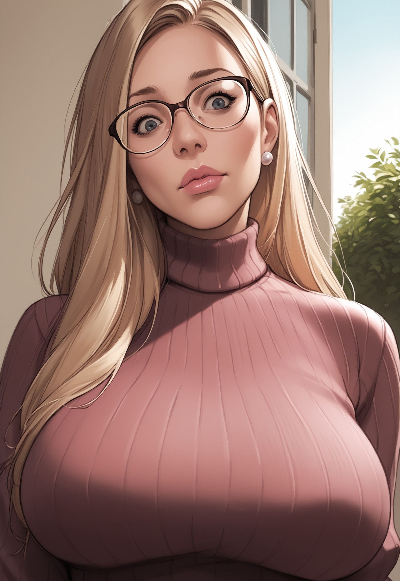 safe_pos,  ((score_9), score_8_up, score_7_up), score_6_up, source_cartoon, aoj_sr, raw, realistic, close up face focus, 
1girl, milf, mature female, solo, standing, shy, no eye contact, huge breasts, looking down, head tilt, 
54r4h, 1girl, blonde hair, glasses, sweater, skirt, turtleneck sweater, earrings, pink lips, 
exterior background, cowboy portrait,
