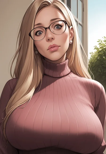 safe_pos, ((score_9), score_8_up, score_7_up), score_6_up, source_cartoon, aoj_sr, raw, realistic, close up face focus,
1girl, milf, mature female, solo, standing, shy, no eye contact, huge breasts, looking down, head tilt,
54r4h, 1girl, blonde hair, glasses, sweater, skirt, turtleneck sweater, earrings, pink lips,
exterior background, cowboy portrait,