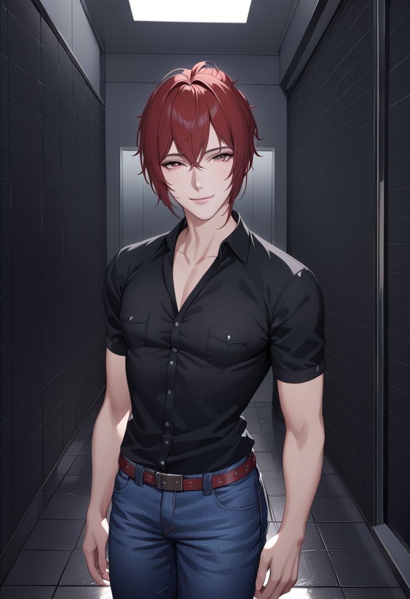 ranapekova, pants, solo, shirt, black shirt, male focus, 1boy, denim, belt, jeans, blue pants, looking at viewer, collared shirt, red hair, short sleeves, indoors, tiles, smile, realistic, portrait, upper body, (((masterpiece))), ((ultra-detailed)),