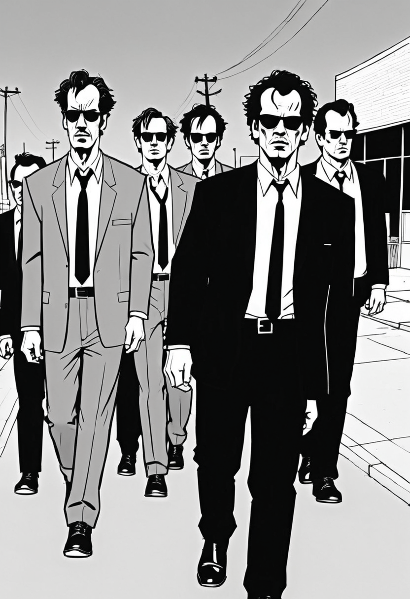 <lora:Everly Heights Comics:1> Black and white lineart, The crew walks down the street in Reservoir Dogs.