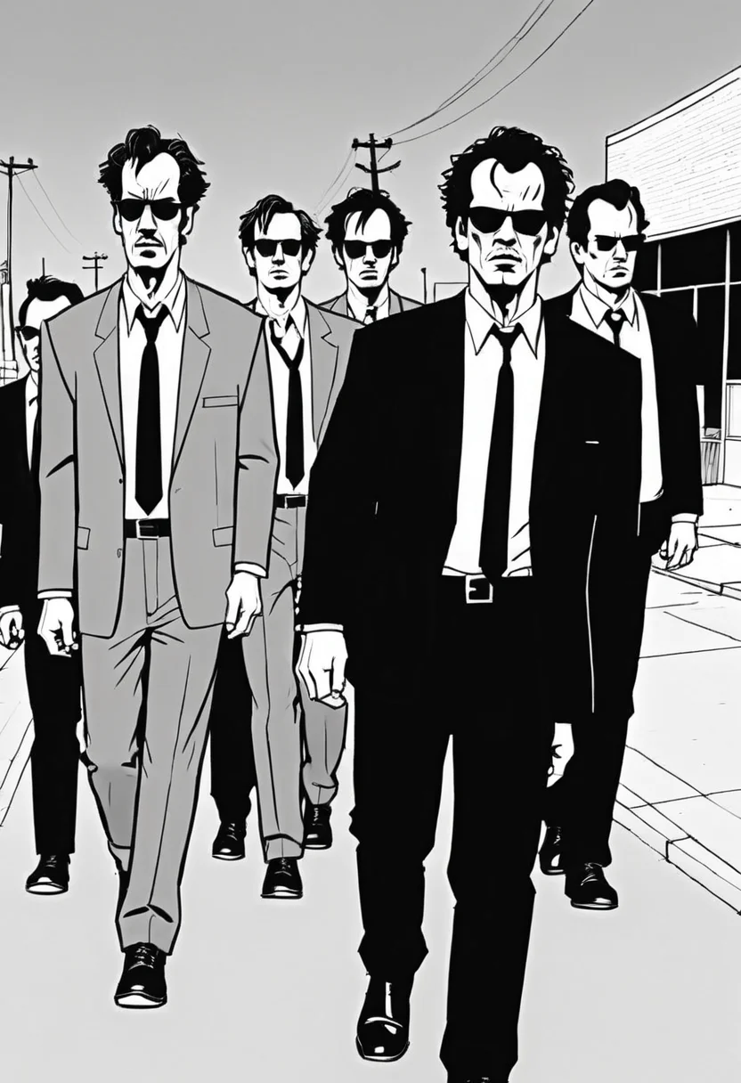 <lora:Everly Heights Comics:1> Black and white lineart, The crew walks down the street in Reservoir Dogs.
