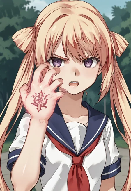 score_9, score_8_up, score_7_up, source_anime_screencap, 2D, fgmei, 1girl solo, long hair, twintails, blonde hair, hair rings, purple eyes, black pupils, white shirt, neckerchief, serafuku, school uniform, open mouth, serious, outdoors, shyai_fin, hand up, glowing hand, open mouth, hand tattoo, upper body,