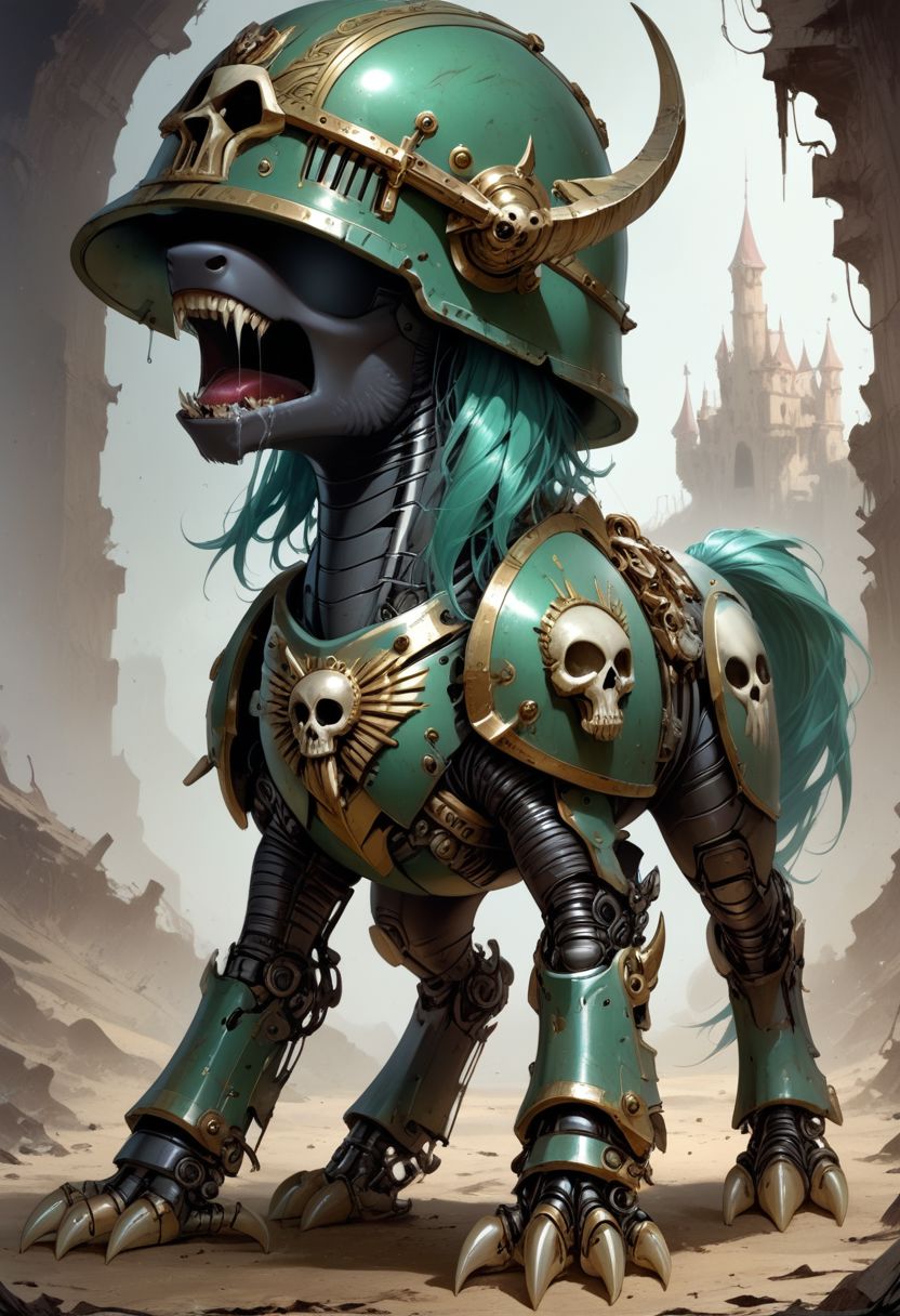 score_9, score_8_up, score_7_up, source_pony,  solo, hunched over, Nightmarish pony, (feral pony, on all fours, no eyes, eyeless:1.5), (full helmet, skull helmet, green breathing tubes, green saliva, drooling:1.2), (black body suit, robotic shoulder pads, robotic chest plate, robotic arms, light armor), (claw legs, claw arms, wrist mounted blades:1.5), roaring, destroyed castle background, (horror art style:1.1)